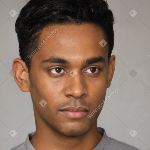 Neutral latino young-adult male with short  black hair and brown eyes