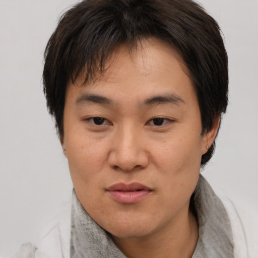 Joyful asian young-adult female with short  brown hair and brown eyes