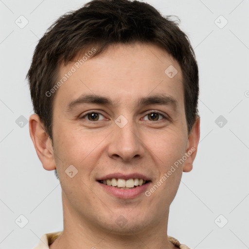 Joyful white young-adult male with short  brown hair and brown eyes