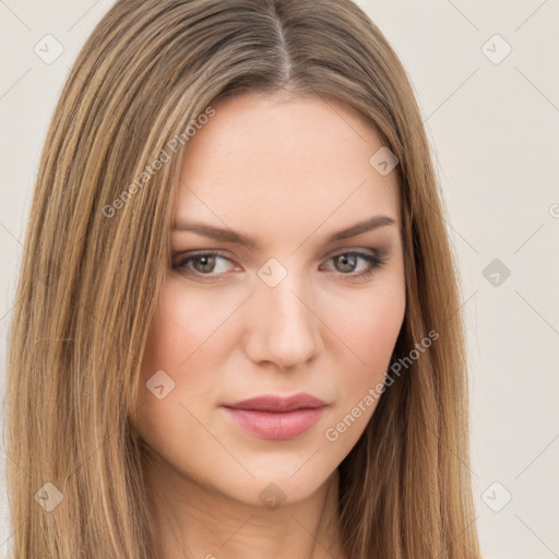 Neutral white young-adult female with long  brown hair and brown eyes