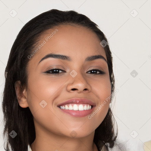 Joyful latino young-adult female with medium  black hair and brown eyes