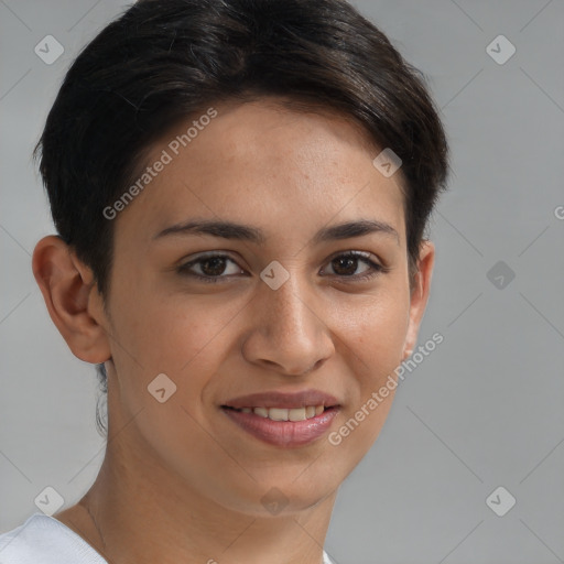 Joyful white young-adult female with short  brown hair and brown eyes