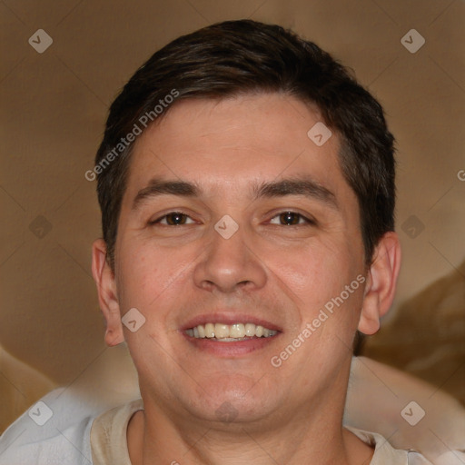 Joyful white adult male with short  brown hair and brown eyes