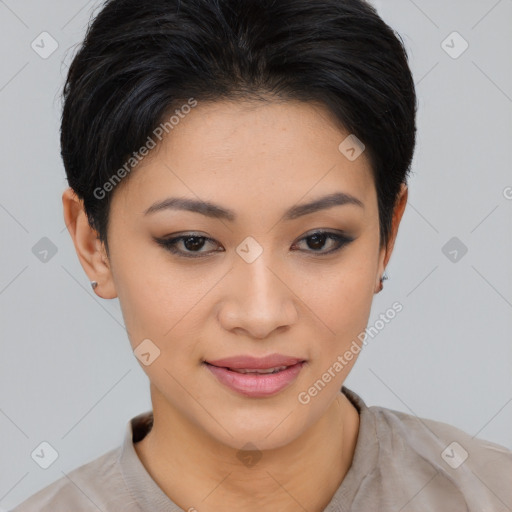 Joyful asian young-adult female with short  brown hair and brown eyes