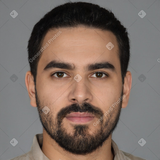 Neutral latino young-adult male with short  black hair and brown eyes