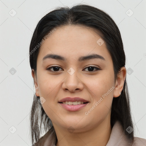 Joyful asian young-adult female with medium  black hair and brown eyes