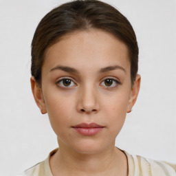 Neutral white young-adult female with short  brown hair and brown eyes