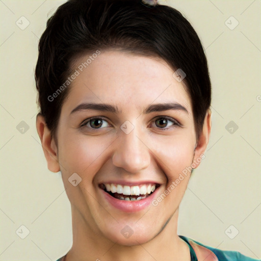 Joyful white young-adult female with short  brown hair and brown eyes