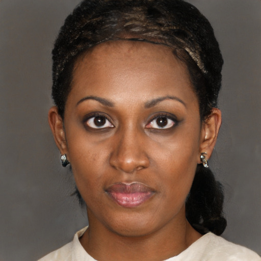 Neutral black young-adult female with medium  black hair and brown eyes