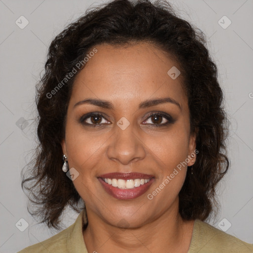 Joyful black young-adult female with medium  brown hair and brown eyes