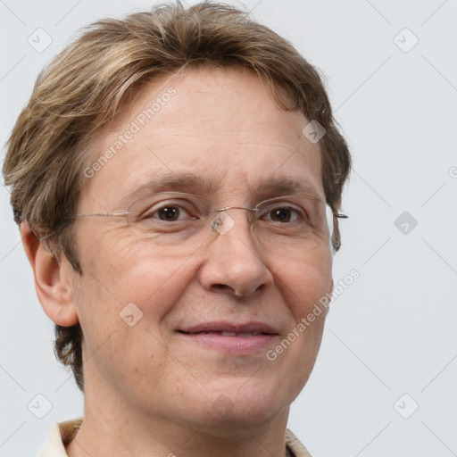 Joyful white adult male with short  brown hair and grey eyes