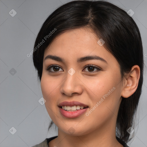 Joyful white young-adult female with medium  brown hair and brown eyes