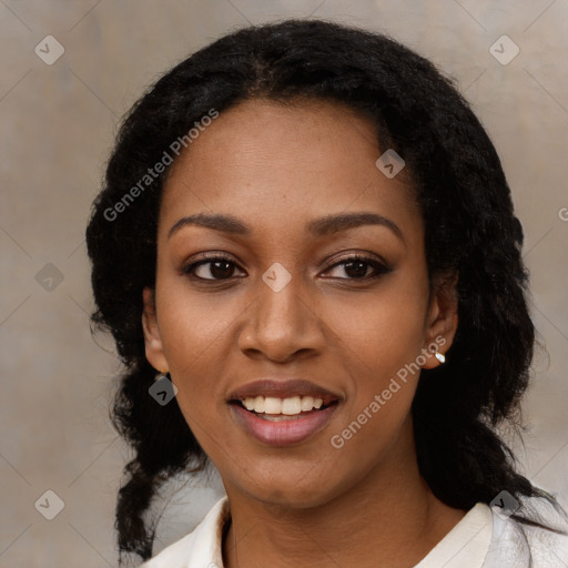 Joyful black young-adult female with medium  black hair and brown eyes