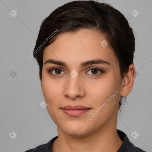 Joyful white young-adult female with medium  brown hair and brown eyes