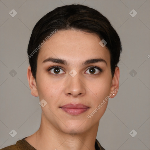 Joyful white young-adult female with short  brown hair and brown eyes