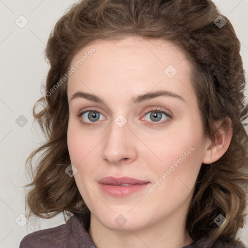 Joyful white young-adult female with medium  brown hair and green eyes