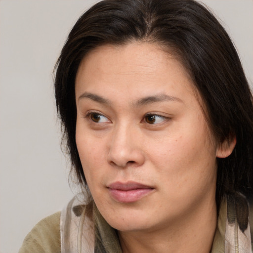 Neutral white adult female with medium  brown hair and brown eyes