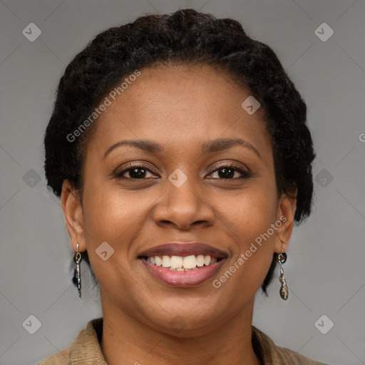 Joyful latino young-adult female with short  brown hair and brown eyes