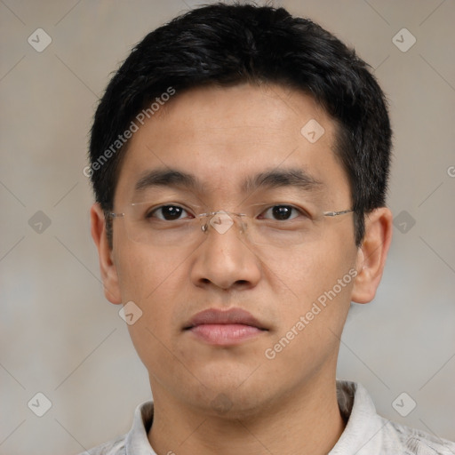 Neutral asian young-adult male with short  black hair and brown eyes