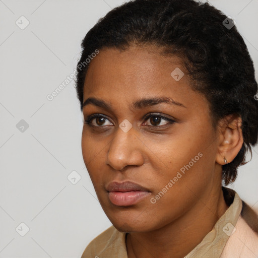 Neutral black young-adult female with short  brown hair and brown eyes