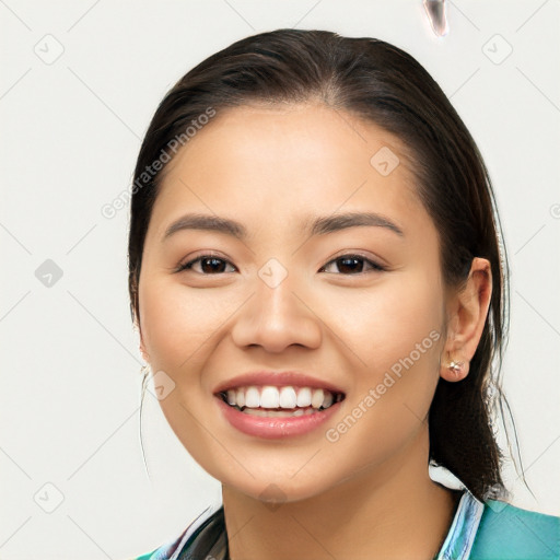 Joyful white young-adult female with medium  black hair and brown eyes