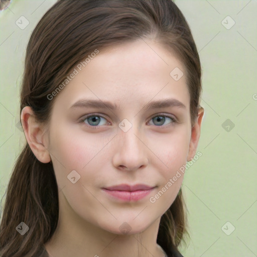 Neutral white young-adult female with long  brown hair and grey eyes