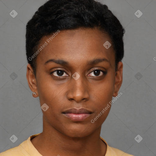 Neutral black young-adult female with short  brown hair and brown eyes