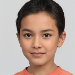 Joyful white child female with short  brown hair and brown eyes