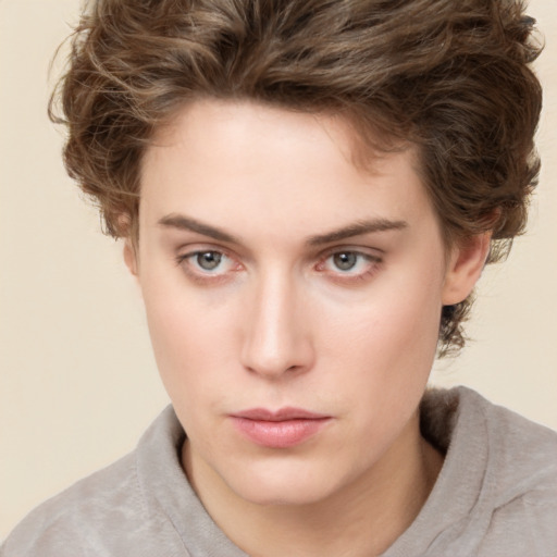 Neutral white young-adult female with short  brown hair and brown eyes