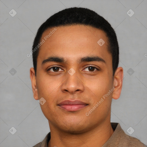 Neutral latino young-adult male with short  black hair and brown eyes