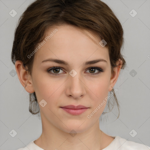 Neutral white young-adult female with medium  brown hair and brown eyes