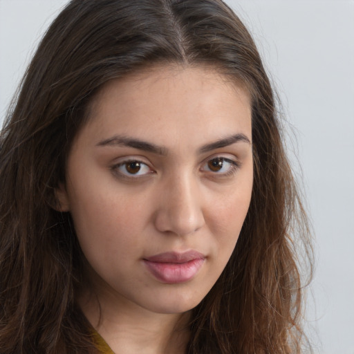 Neutral white young-adult female with long  brown hair and brown eyes
