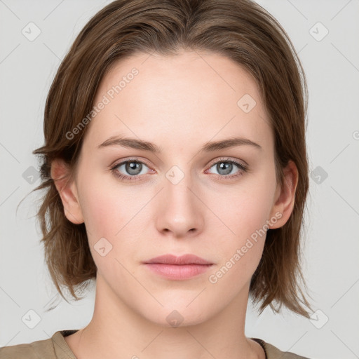 Neutral white young-adult female with medium  brown hair and blue eyes