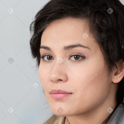 Neutral white young-adult female with short  brown hair and brown eyes