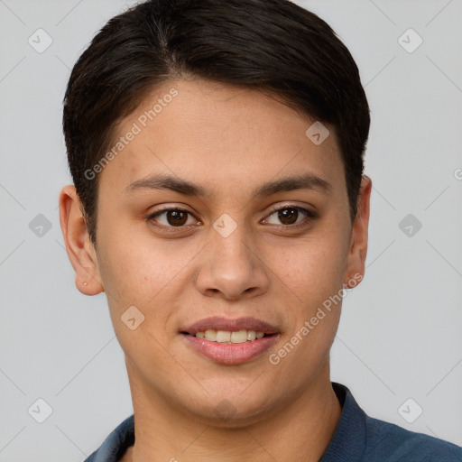 Joyful white young-adult female with short  brown hair and brown eyes