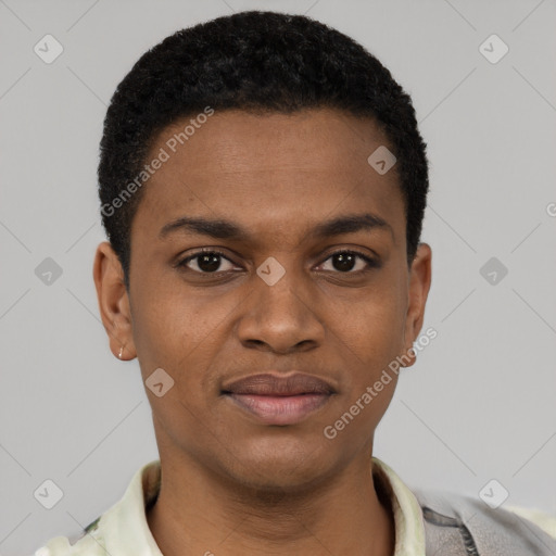 Joyful latino young-adult male with short  brown hair and brown eyes