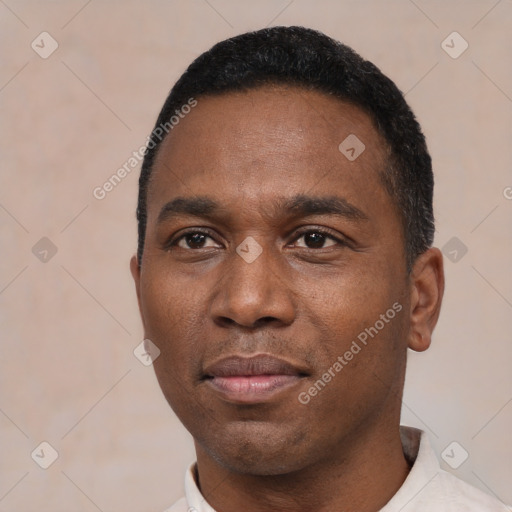 Neutral latino adult male with short  black hair and brown eyes