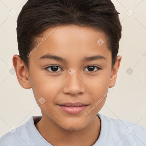 Joyful white child female with short  brown hair and brown eyes