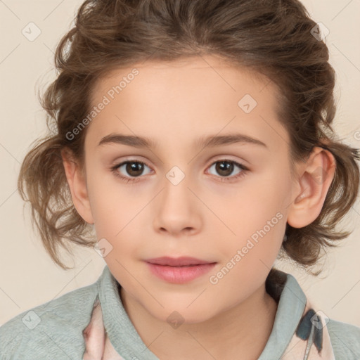 Joyful white child female with medium  brown hair and brown eyes