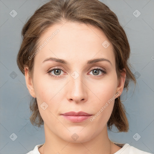 Neutral white young-adult female with medium  brown hair and grey eyes