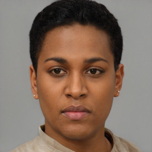 Neutral latino young-adult female with short  black hair and brown eyes