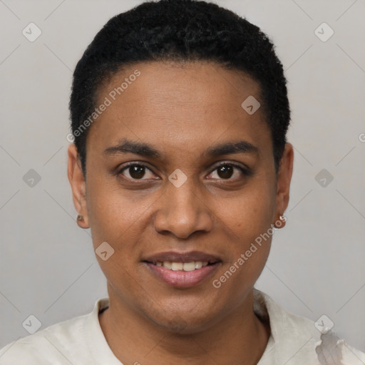 Joyful black young-adult male with short  black hair and brown eyes