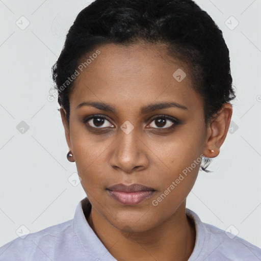 Neutral black young-adult female with short  black hair and brown eyes