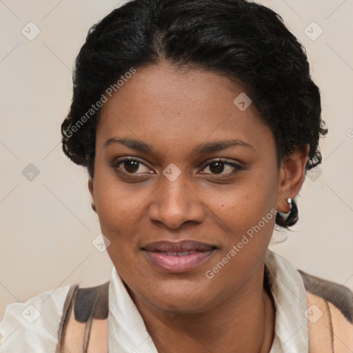 Joyful latino young-adult female with short  brown hair and brown eyes