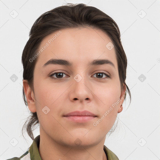 Neutral white young-adult female with medium  brown hair and brown eyes