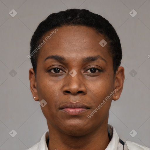 Neutral black adult female with short  black hair and brown eyes