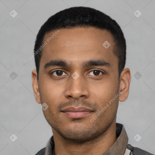 Neutral latino young-adult male with short  black hair and brown eyes