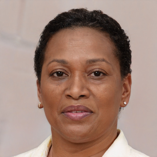 Joyful black adult female with short  brown hair and brown eyes