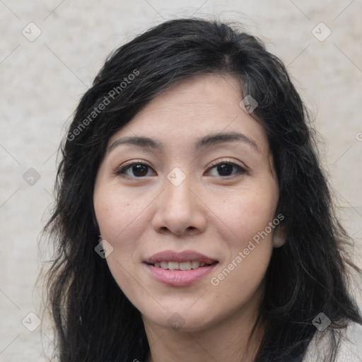 Joyful white young-adult female with medium  black hair and brown eyes