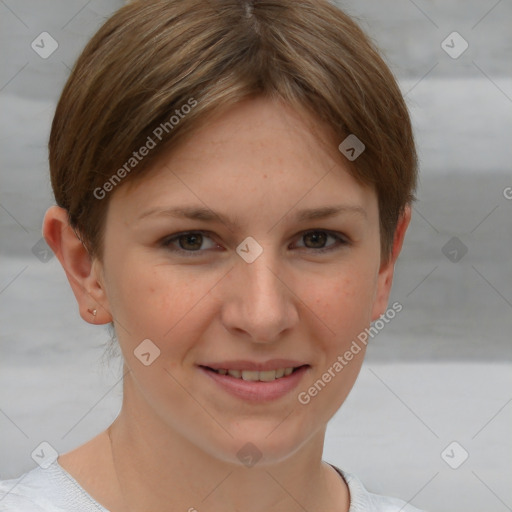 Joyful white young-adult female with short  brown hair and grey eyes